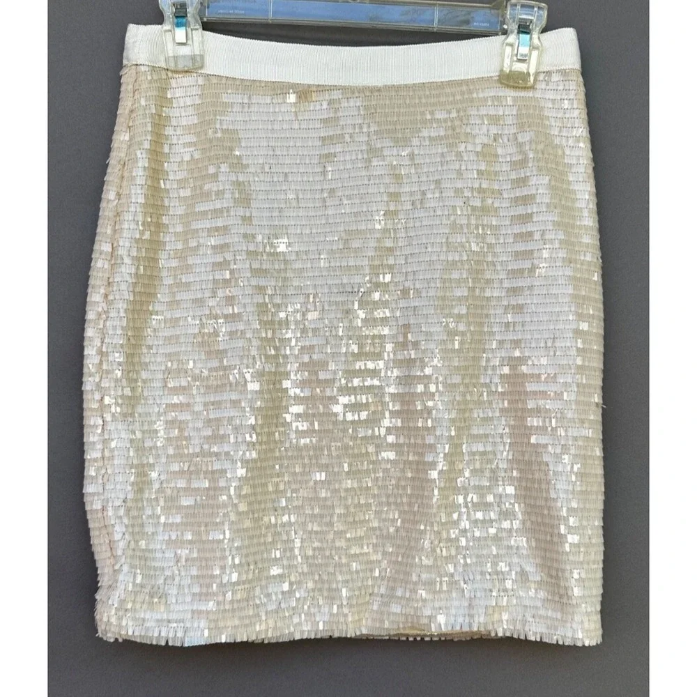 Cache Ivory Sequin Shimmer Mini Skirt Party‎ Glam Chic Sparkly Y2K Festival Sz 4